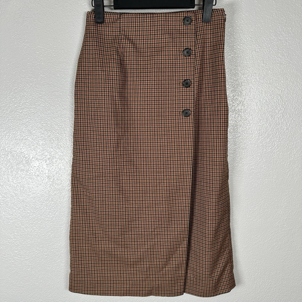 UNIQLO Faux Wrap Button Midi Skirt‎ Womens XS Brown Plaid Elastic Waist Classic